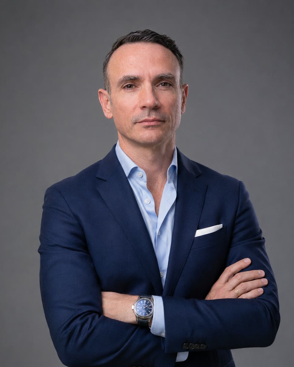Retrato de Ricardo Almeida, de fato azul-marinho e braços cruzados
